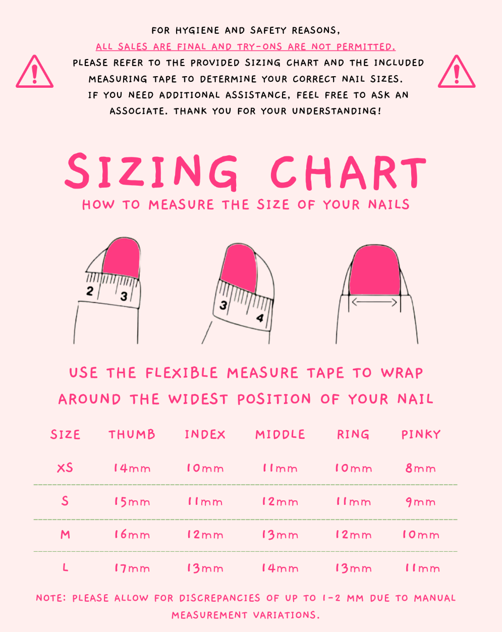 Nail size measuring chart with flexible measure tape illustration on a pink background